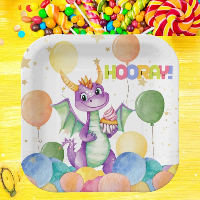 Boys Cute Modern Dragon Kids Paper Plate (Cute Dragon Birthday Party Plate - Watercolor Cupcake & Balloons - Hooray Theme - Kids Party )
