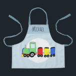 Boys Cute Modern Train & Name Kids Apron<br><div class="desc">This cute and modern blue kids kitchen or garden apron design features a colourful train cartoon,  and can be personalised with your boys name in gorgeous typography. The perfect locomotive transport-themed gift for your toddler or child.</div>