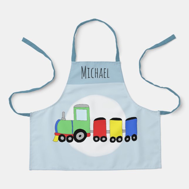 Boys Cute Modern Train & Name Kids Apron (Front)
