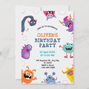 Boys Cute Monster Kids Birthday Party Invitation  