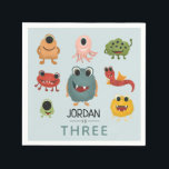 Boys Cute Monster Kids Birthday Party Napkin<br><div class="desc">This cute,  fun and modern kids birthday party napkin design features eight unique and colorful monster aliens,  and can be personalized with your child’s name. The perfect monster themed addition to your child’s third birthday party (can be edited for any age).</div>