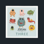 Boys Cute Monster Kids Birthday Party Napkin<br><div class="desc">This cute,  fun and modern kids birthday party napkin design features eight unique and colorful monster aliens,  and can be personalized with your child’s name. The perfect monster themed addition to your child’s third birthday party (can be edited for any age).</div>