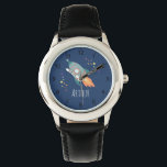 Boys Cute Rocket Ship Cartoon & Name Kids Watch<br><div class="desc">This cute blue modern kids watch features a rocket ship cartoon, and can be personalised with your boys name and monogram. With clear, easily readable numbers, this 'first' watch is great for kids or toddlers just starting out on learning the time. The perfect space galaxy themed design for your little...</div>