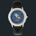 Boys Cute Rocket Ship Cartoon & Name Kids Watch<br><div class="desc">This cute blue modern kids watch features a rocket ship cartoon, and can be personalised with your boys name and monogram. With clear, easily readable numbers, this 'first' watch is great for kids or toddlers just starting out on learning the time. The perfect space galaxy themed design for your little...</div>