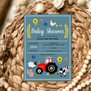 Boys Cute Rustic Country Farm Tractor Baby Shower Invitation