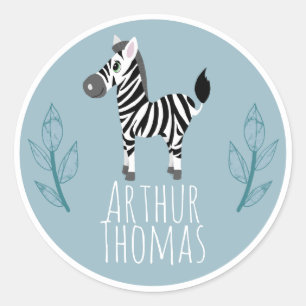 Boys Cute Safari Zebra Name Kids Bookplate Classic Round Sticker