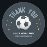 Boys Cute Soccer Sports Thank You Kids Birthday Classic Round Sticker<br><div class="desc">This cute and modern sports-themed kids birthday thank you sticker design features a blue soccer ball cartoon design. The sticker can be personalised with your boy's name and the date of your party. The perfect sports-themed addition to your child's birthday party,  great for party favours!</div>