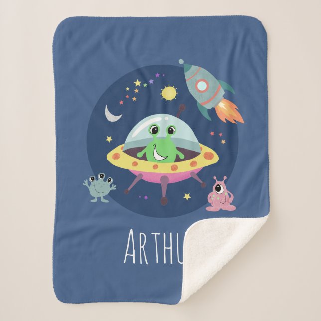 Boys Cute Space Alien Cartoon Rocket & Name Kids Sherpa Blanket (Front)