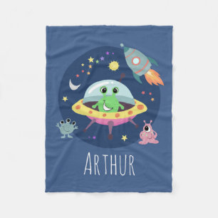 Boys Cute Space Alien Rocket Cartoon & Name Kids Fleece Blanket