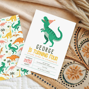Boys Cute T Rex Dinosaur Kids 4th Birthday Invitation