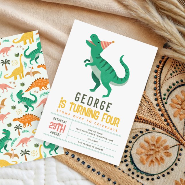 Boys Cute T Rex Dinosaur Kids 4th Birthday Invitation (Creator Uploaded)