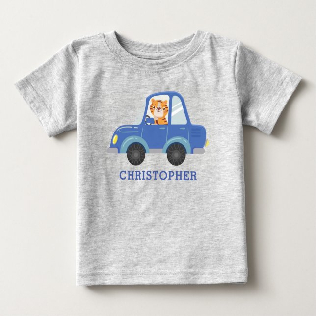 Boys Cute Tiger Driving Blue Car Personalised Name Baby T-Shirt (Front)