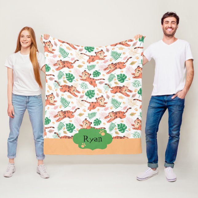 Boys Cute Tiger Wild Jungle Safari Kids Name Fleece Blanket (In Situ)