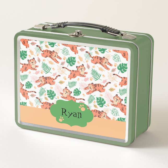 Boys Cute Tiger Wild Jungle Safari with Name Kids Metal Lunch Box (Front)