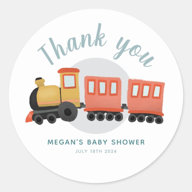 Boys Cute Train Travel Baby Shower Thank You Favou Classic Round Sticker (Front)