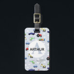 Boys Cute Transport Aeroplane Car Tractor Name Kid Luggage Tag<br><div class="desc">This cute blue custom kids luggage tag design features a blue cartoon transport pattern,  with cars,  pickup trucks,  trains,  aeroplanes,  diggers,  tractors and helicopters. There is also space for you to add your boys name and monogram in a beautiful font. The perfect transport themed gift for any car/tractor/aeroplane lover.</div>