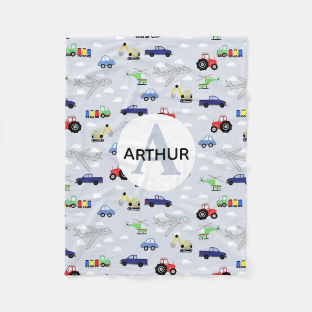 Boys Cute Transport Car Pattern Monogram Name Kids Fleece Blanket (Front)