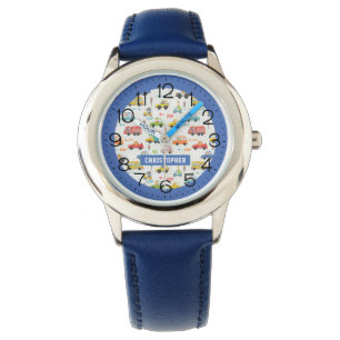 Boys Cute Transport Car Pattern Personalised Name Watch
