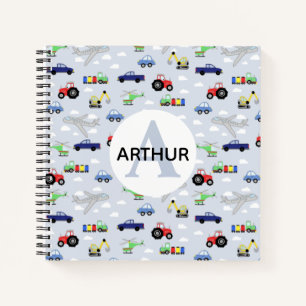 Boys Cute Transport Pattern and Name Kids Monogram Notebook