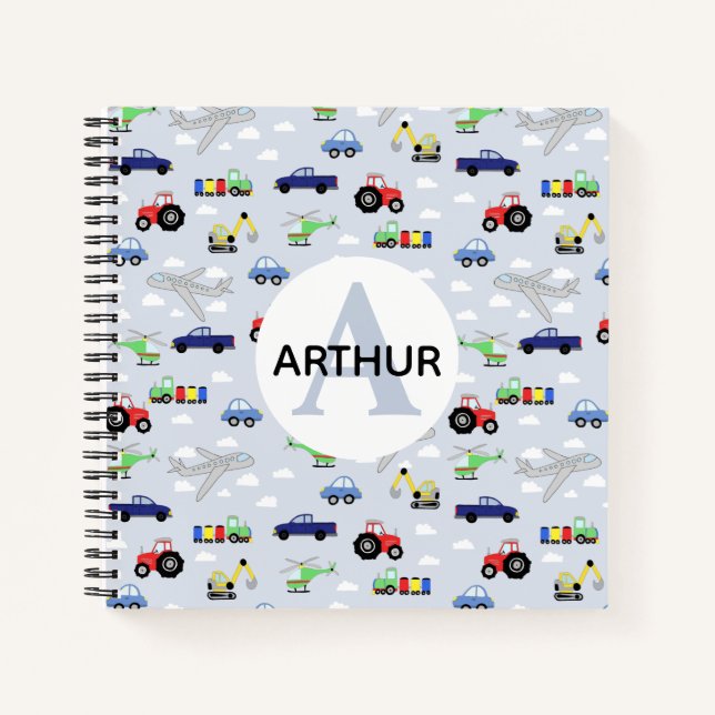 Boys Cute Transport Pattern and Name Kids Monogram Notebook (Front)