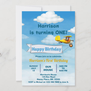 Boys Cute Travel Aeroplane Kids Birthday Custom Invitation