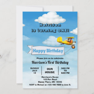 Boys Cute Travel Aeroplane Kids Birthday Custom Invitation