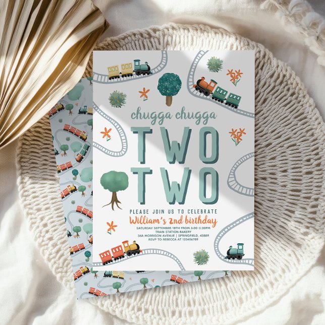 Boys Cute Two Two  Blue Train Travel 2nd Birthday Invitation (Creator Uploaded)