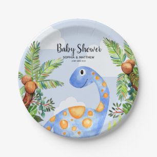Boys Cute Watercolor Dinosaur Jungle Baby Shower Paper Plate