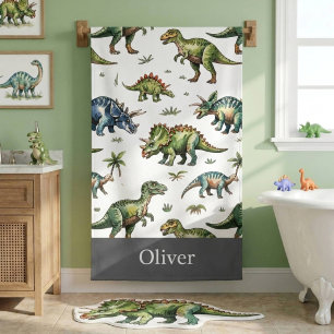 Boys Cute Watercolor Dinosaur & Name Kids Bath Towel