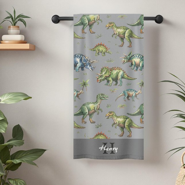 Boys Cute Watercolor Dinosaur & Name Kids Bath Towel (Creator Uploaded)