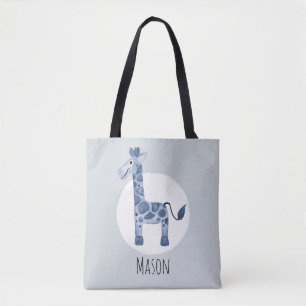 Boy's Cute Watercolor Giraffe Safari Name Tote Bag