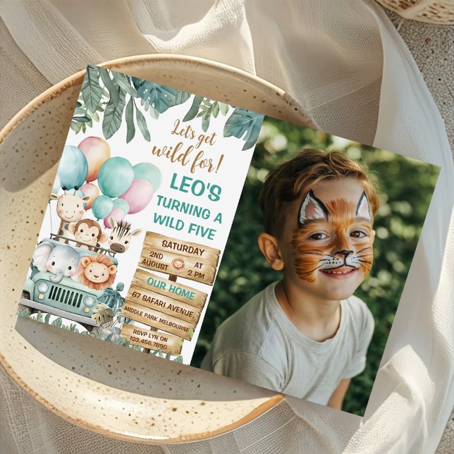 Boys Cute Wild Five Safari 5th Birthday Photo Invitation (Creator Uploaded)