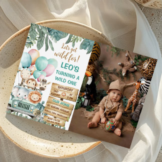 Boys Cute Wild One Safari 1st Birthday Photo Invitation