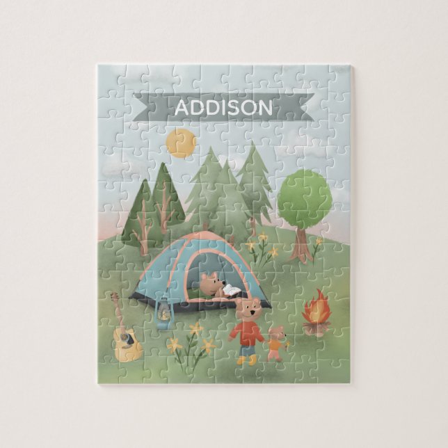 Boys Cute Woodland Forest Bear Camping Kids Jigsaw Puzzle (Vertical)