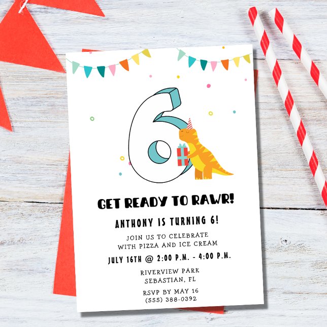 Boys Dinosaur 6th Birthday Party  Invitation (Boys Dinosaur 6th Birthday Party Invitation)