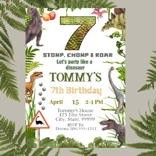Boys Dinosaur 7th Birthday Party Invitation