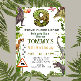 Boys Dinosaur 9th Birthday Party Invitation