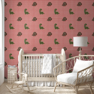 Boys Dinosaur Gingham - Army Green Brown Barn Red Wallpaper