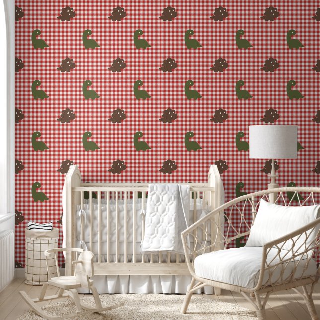Boys Dinosaur Gingham - Army Green Brown Barn Red  Wallpaper (Kids)