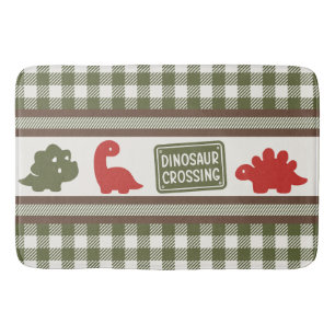 Boys Dinosaur & Gingham - Brown Red Army Green Bath Mat