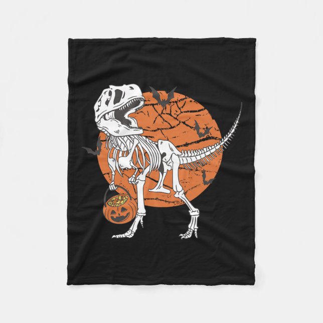 Boys Dinosaur Skeleton T Rex Scary Pumpkin Moon  Fleece Blanket (Front)