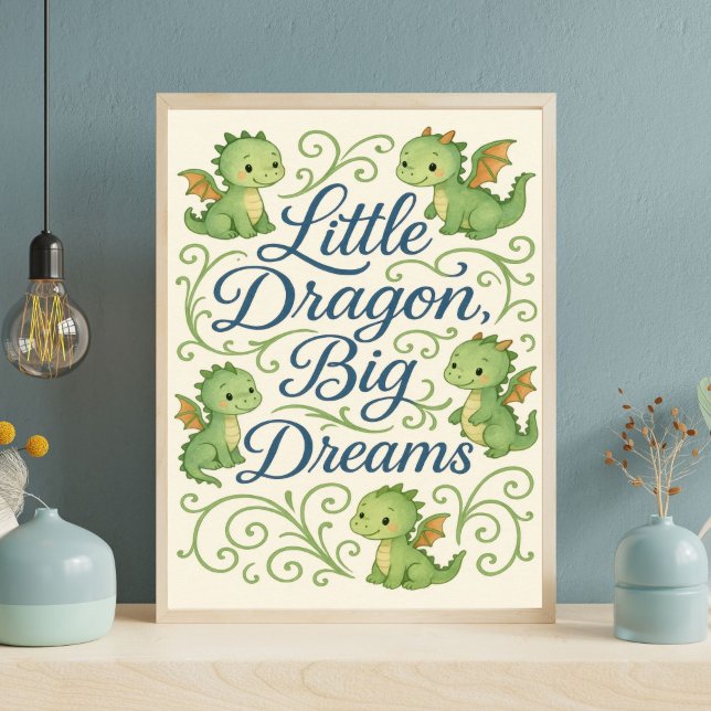 Boys Dragon Nursery Little Dragon Big Dreams Poster (Boys Nursery Wall Art, Blue Lettering Green Dragons, Little Dragon, Big Dreams, Toddler Boys Room)