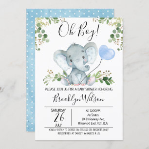 Boy's Elephant Watercolor Baby Shower Invitation