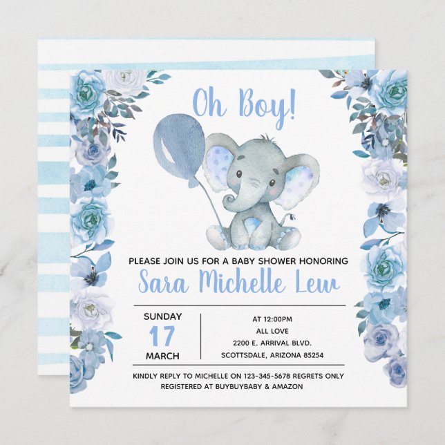 boy's Elephant Watercolor Baby Shower Invitation (Front/Back)