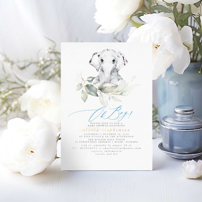 Boy's Elephant Watercolor Greenery Baby Shower (Elephant Baby Shower Invitations Oh Boy!)
