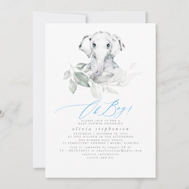 Boy's Elephant Watercolor Greenery Baby Shower Invitation (Front)