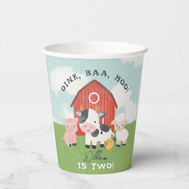 Boys Farm Animal Barnyard Cute 2nd Birthday Paper Cups (Back)