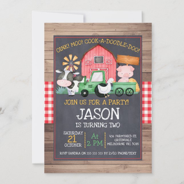 Boys Farm Green Tractor Chalkboard Birthday Invitation (Front)