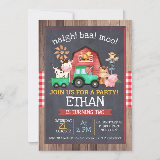 Boys Farm Green Tractor Chalkboard Birthday Invitation (Front)