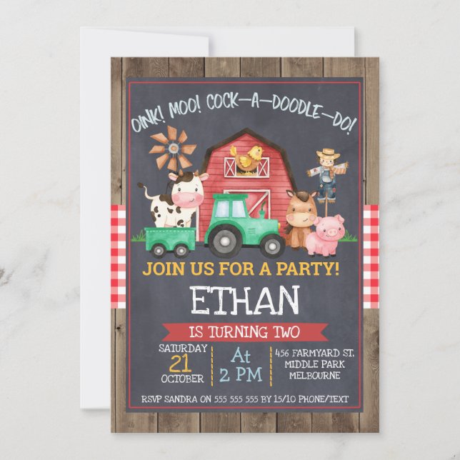 Boys farm Tractor Chalkboard Birthday Invitation (Front)